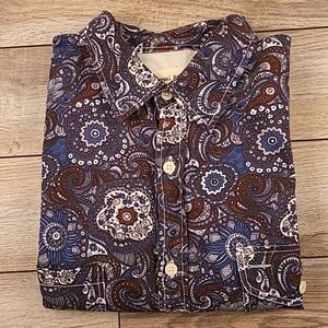 UNIVERSAL WORKS Blue Brown Grey Abstract Paisley Cotton M Mens Long Sleeve Shirt